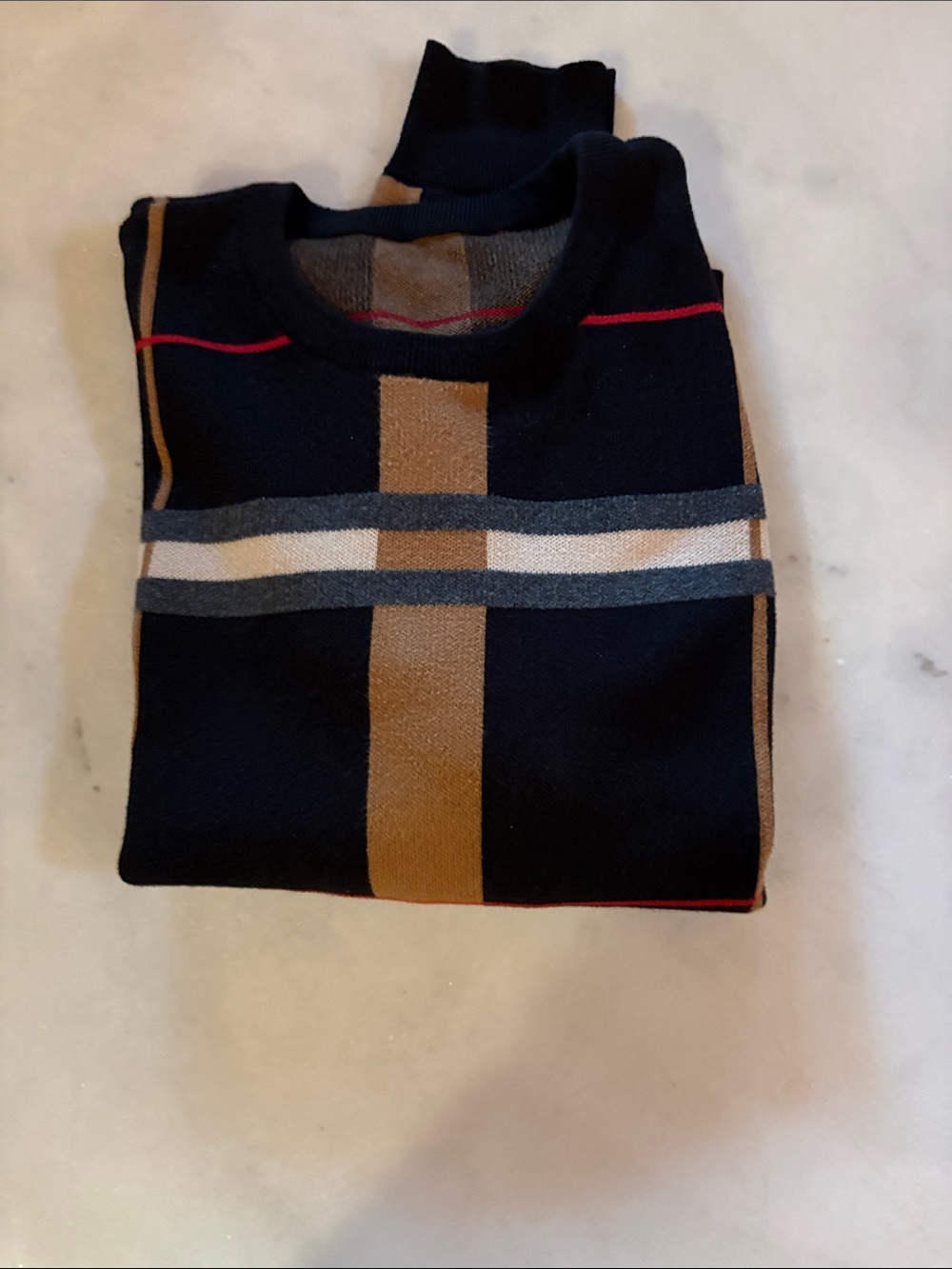 Men's Black Crewneck Sweater with Tan and Gray Stripe Accents 100% Cotton.